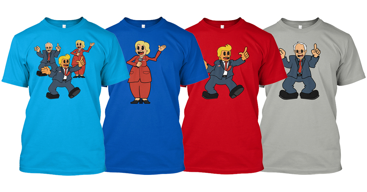 Four multicolored T-shirts showing candidates Donald Trump, Hillary Clinton, and Bernie Sanders fighting to become president of the United States of America