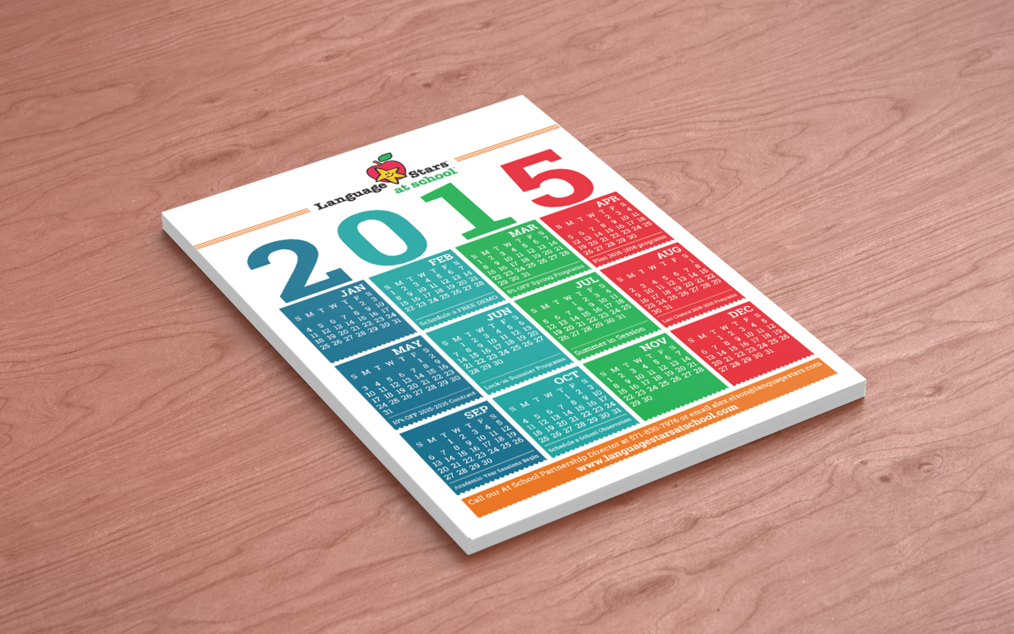 Postcard calendar design to be used as mailers for a company that teaches foreign language to kids in a fun way