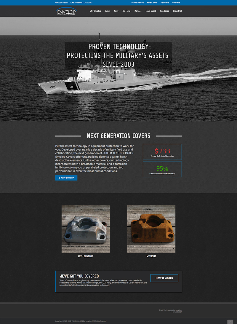 Web Design for a military protective cover website showing savings and benefits