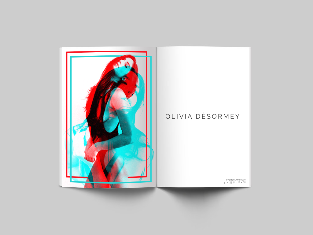 Graphic Design of two images of a fashion model overlayed inside a magazine