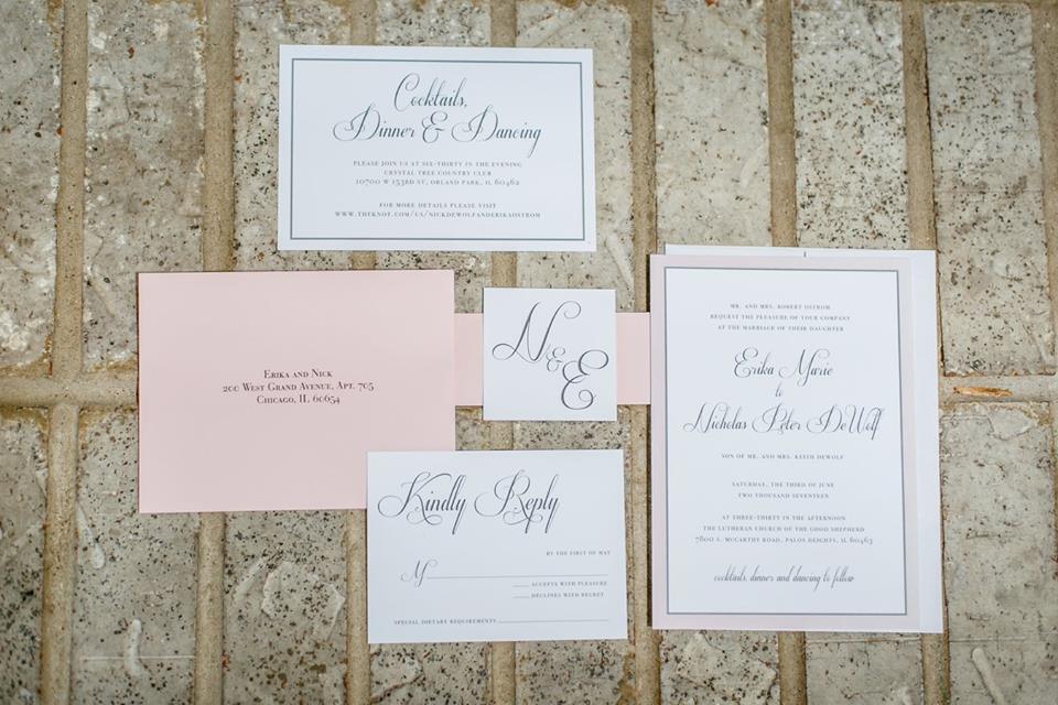 Graphic design on a wedding invitation, reception card, response card, and envalope