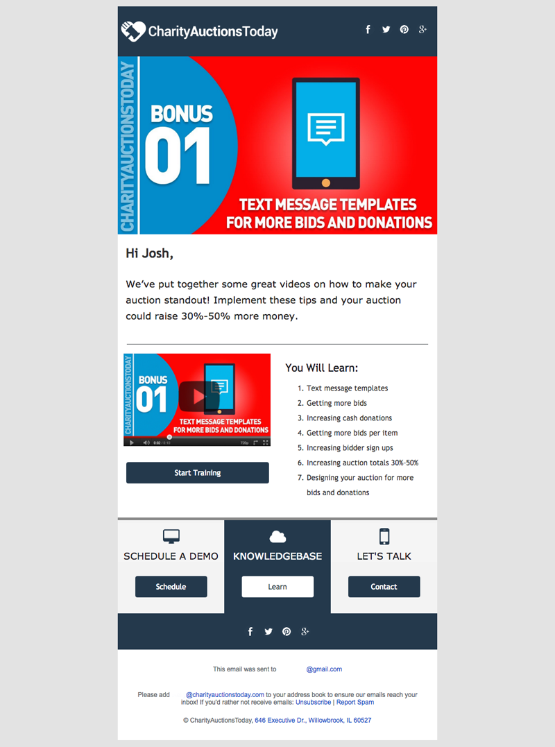 Email template created and designed for a charity auction company